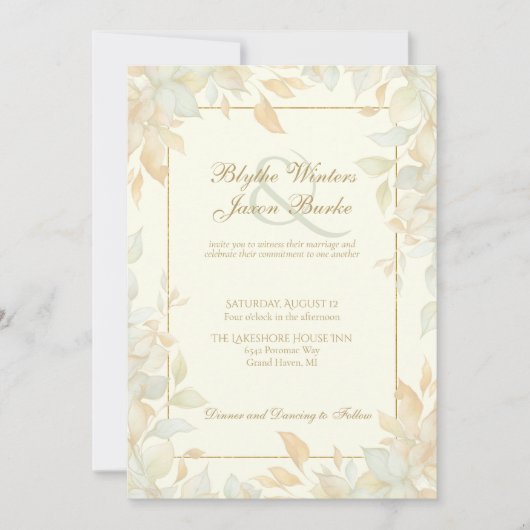 Invitation Élégant mariage botanique à bordure dorée et feuil (Devant)
