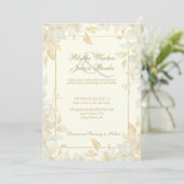 Invitation Élégant mariage botanique à bordure dorée et feuil (Debout devant)