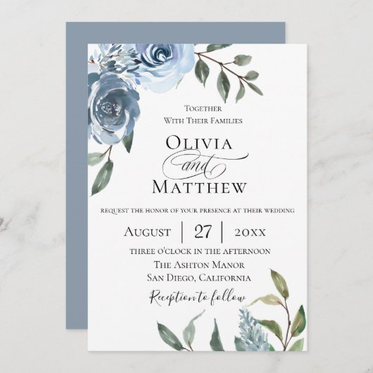Invitation Elégant Mariage botanique bleu Dusty (Devant / Derrière)