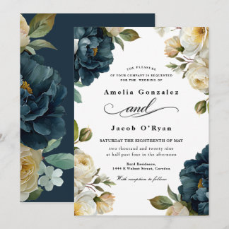 Invitation Élégant mariage botanique bleu marine