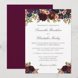 Invitation Élégant Mariage botanique bordeaux foncé