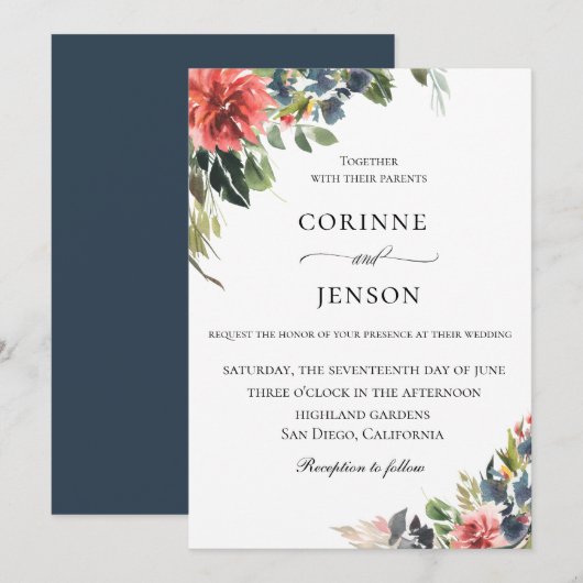 Invitation Élégant Mariage botanique de corail de la marine (Devant / Derrière)