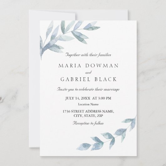 Invitation Élégant mariage botanique de feuille d'aquarelle (Devant)