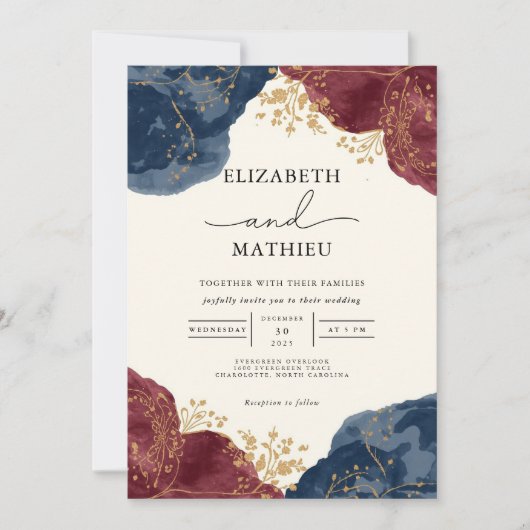 Invitation Elégant Mariage botanique de la marine et de la Bo (Devant)