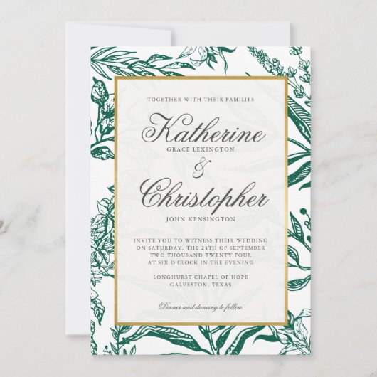 Invitation Élégant Mariage botanique en or foncé (Devant)