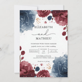 Invitation Élégant Mariage botanique floral de la marine de B