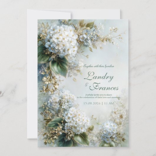 Invitation Élégant Mariage Botanique Hydrangea Or Blanc (Devant)