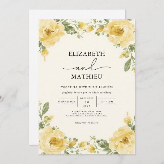 Invitation Élégant Mariage botanique jaune pâle (Devant / Derrière)