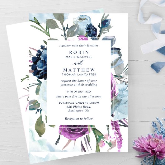 Invitation Élégant Mariage botanique pourpre et bleu floral