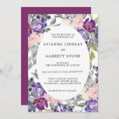 Invitation Élégant Mariage botanique rose violet (Devant / Derrière)