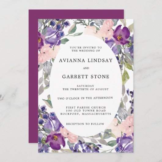 Invitation Élégant Mariage botanique rose violet (Devant / Derrière)