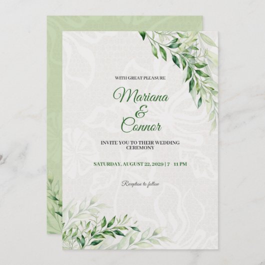 Invitation Élégant Mariage botanique vert (Devant / Derrière)