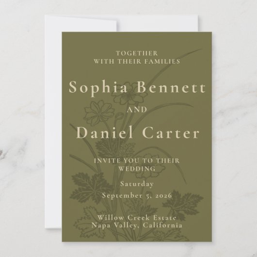 Invitation Élégant mariage botanique vert olive (Devant)