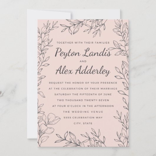 Invitation Élégant Mariage botanique Vintage rose pâle (Devant)