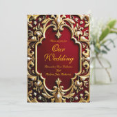 Invitation Elégant Mariage Bourgogne Or Ornate Red Pearls (Debout devant)