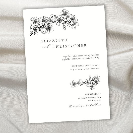 Invitation Elégant Mariage BW botanique en fleur de cerisier