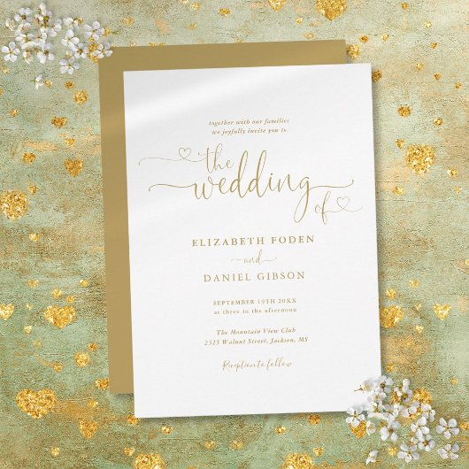 Invitation Élégant Mariage Calligraphie Script Cœurs en Or