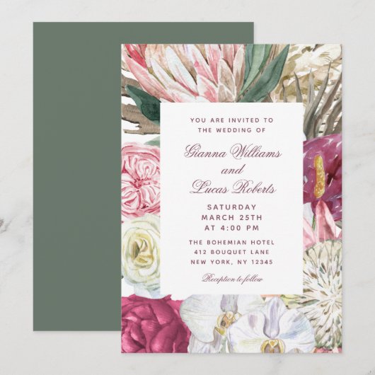 Invitation Elégant Mariage campagnard floral Boho aquarelle (Devant / Derrière)