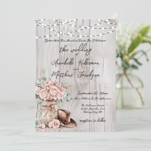 Invitation Élégant Mariage campagnard Rose en bois rustique (Debout devant)