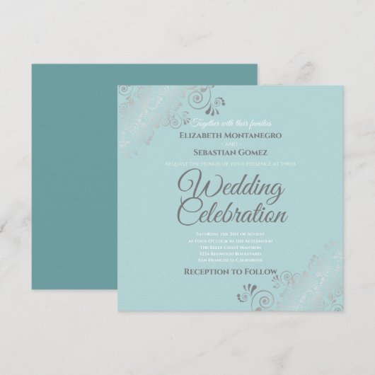 Invitation Élégant Mariage Carré de Filigrane d'Argent en Tur (Devant / Derrière)