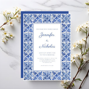 Invitation Élégant Mariage Carreaux Bleus Méditerranéens