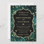 Invitation Élégant Mariage Céleste Étoilé Vert et Or (Devant)