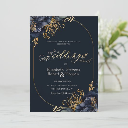 Invitation Élégant Mariage chic Navy Fleurs Bleues (Debout devant)