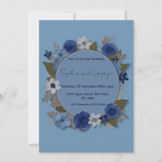 Invitation Elégant mariage Circle Fleurs Argent Marine