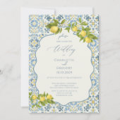 Invitation Élégant Mariage citron en carrelage bleu italien (Devant)