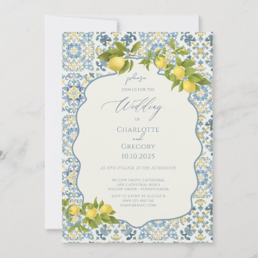 Invitation Élégant Mariage citron en carrelage bleu italien (Devant)