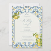Invitation Élégant Mariage citron en carrelage bleu italien (Devant)