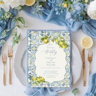 Invitation Élégant Mariage citron en carrelage bleu italien