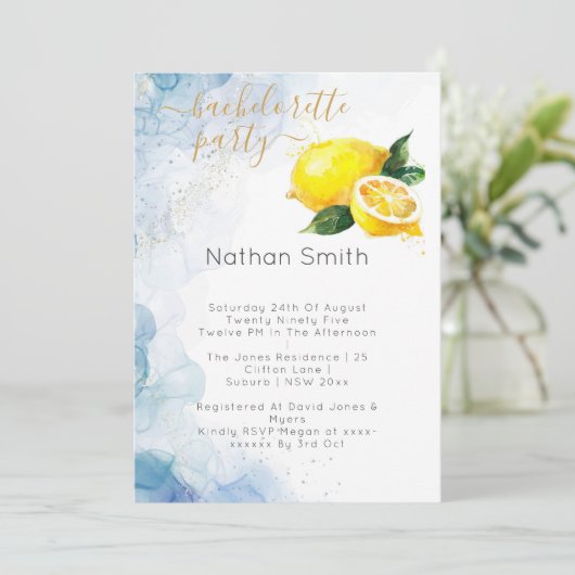 Invitation Élégant Mariage citron jaune et bleu aquarelle (Debout devant)