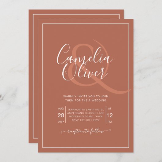 Invitation Élégant Mariage classique monochrome en terre cuit (Devant / Derrière)