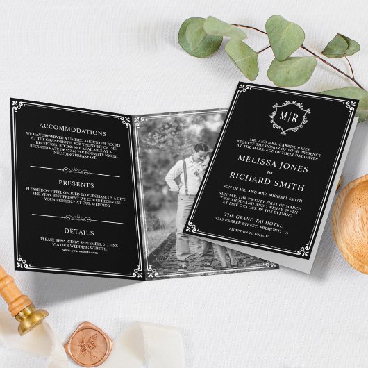 Invitation Élégant Mariage Classique Monogramme Noir et Blanc