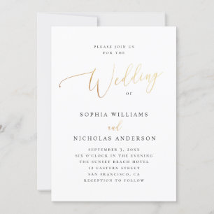 Invitation Elégant mariage classique or. Script simple formel
