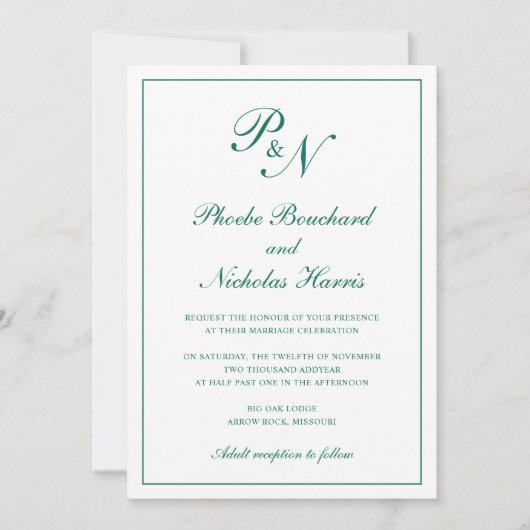 Invitation Élégant Mariage Classique Vert Émeraude (Devant)