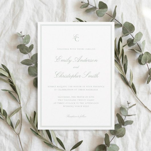 Invitation Élégant Mariage Classique Vert Sauge