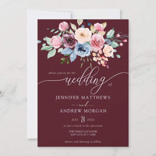 Invitation Élégant Mariage Code QR Fleurs Bleu Bourgogne (Devant)