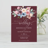 Invitation Élégant Mariage Code QR Fleurs Bleu Bourgogne (Debout devant)