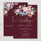 Invitation Élégant Mariage Code QR Fleurs Bleu Bourgogne (Devant / Derrière)