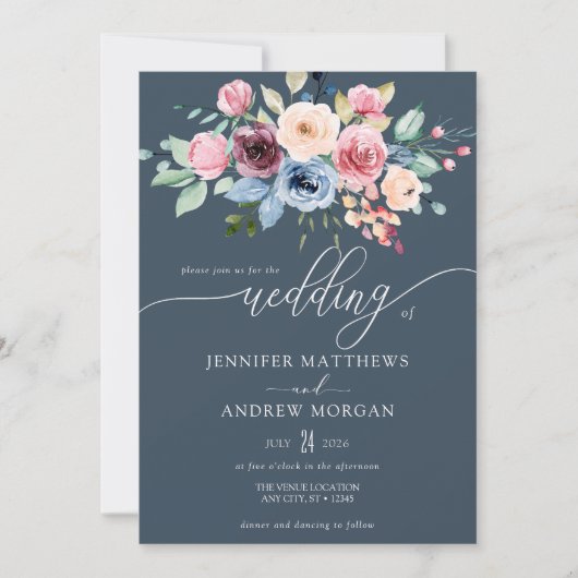 Invitation Élégant Mariage Code QR Fleurs Bleu Bourgogne (Devant)