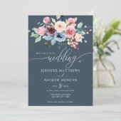 Invitation Élégant Mariage Code QR Fleurs Bleu Bourgogne (Debout devant)