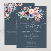 Invitation Élégant Mariage Code QR Fleurs Bleu Bourgogne (Devant / Derrière)
