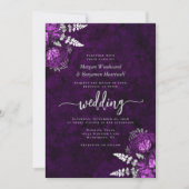 Invitation Élégant mariage code QR floral argent plum (Devant)