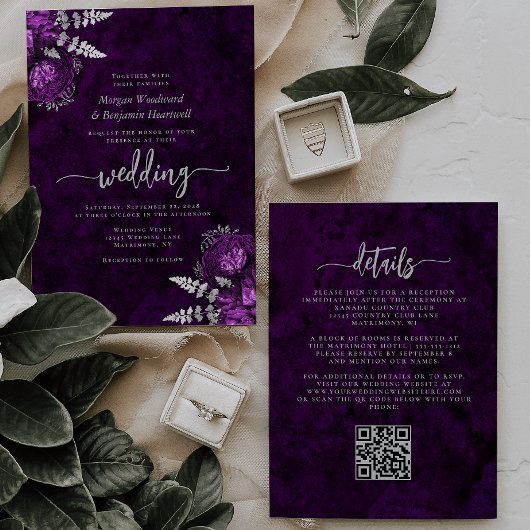 Invitation Élégant mariage code QR floral argent plum