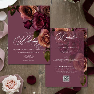Invitation Élégant Mariage Code QR Floral Bourgogne Rustique