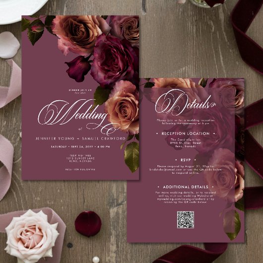 Invitation Élégant Mariage Code QR Floral Bourgogne Rustique