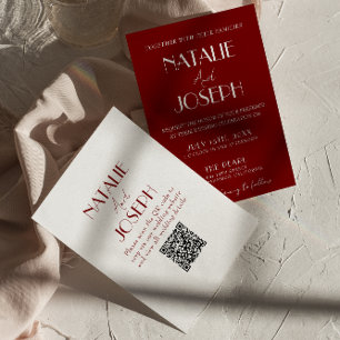 Invitation Élégant Mariage Code QR Minimaliste Blanc Bourgogn