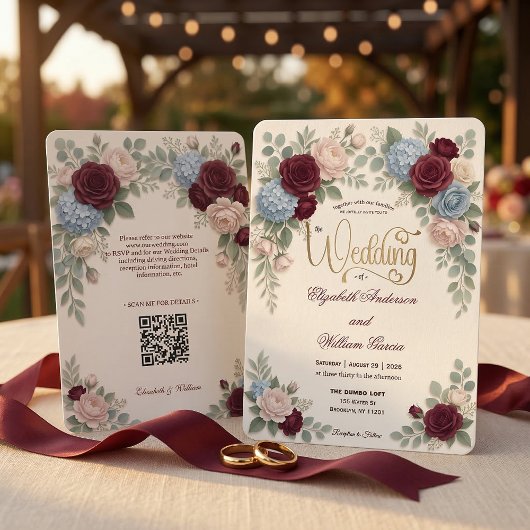 Invitation Élégant Mariage Code QR Moderne Rose Bourgogne